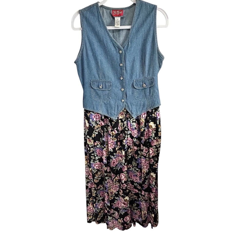 Vintage 90s Hot House Denim Chambray Floral Midi Dress‎ Prairie Womens Large